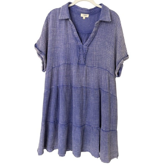 Umgee Dresses & Skirts - Umgee Large Blue Cotton Gauze Tiered Mini Dress K6389 Boho Short Sleeve